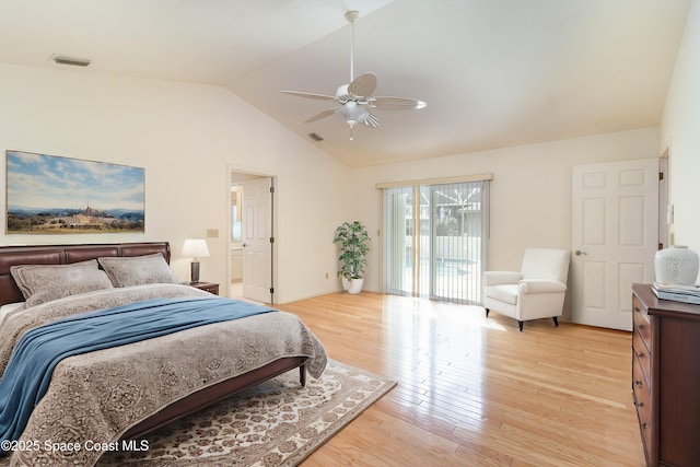 bedroom featuring lofted ceiling, access to exterior, ceiling fan, and light hardwood / wood-style flooring