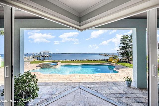 view of swimming pool featuring an in ground hot tub, a water view, and a patio area