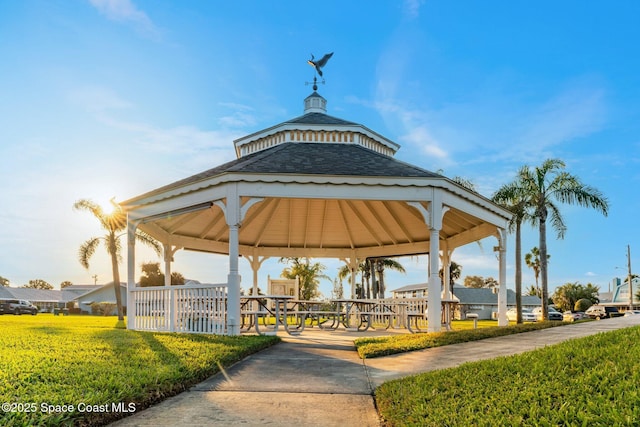 view of community featuring a gazebo and a lawn