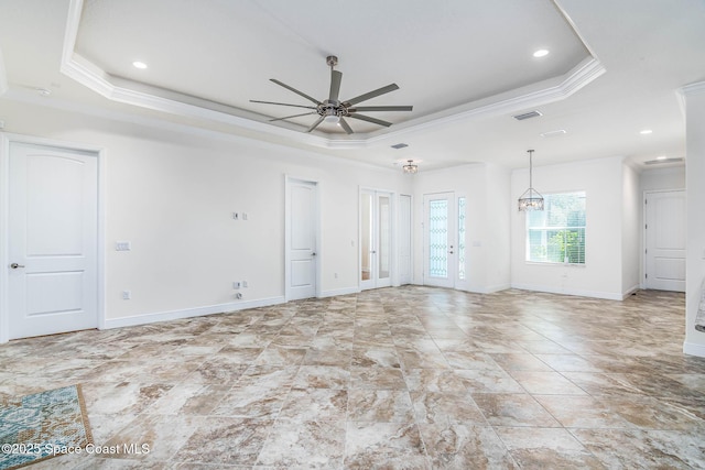 unfurnished room with a raised ceiling, crown molding, ceiling fan, baseboards, and recessed lighting