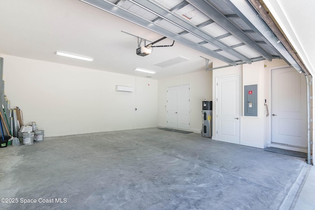 garage featuring electric panel, a garage door opener, and heat pump water heater