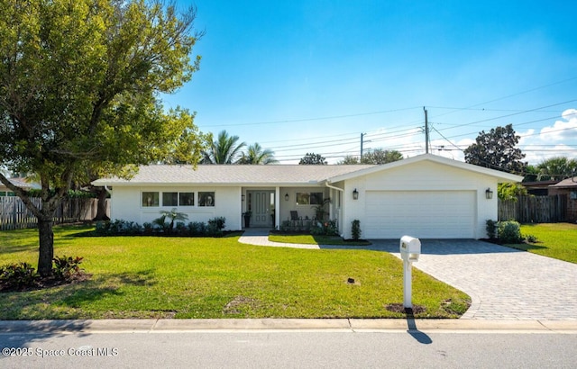 ranch-style home with a garage and a front yard