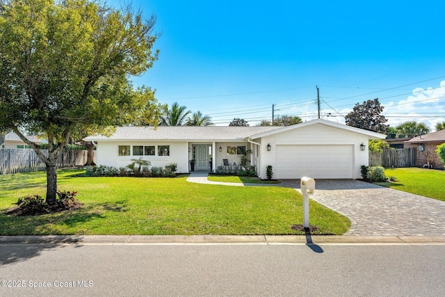 ranch-style home with a garage and a front yard