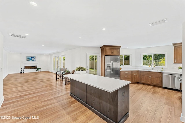 kitchen with light hardwood / wood-style flooring, a fireplace, plenty of natural light, and appliances with stainless steel finishes