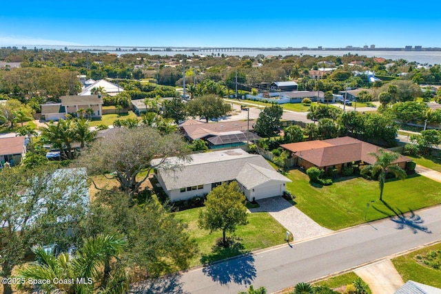 drone / aerial view featuring a water view