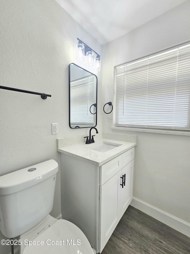 bathroom with vanity, wood-type flooring, and toilet