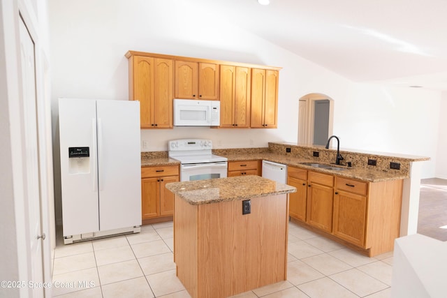 kitchen with a kitchen island, sink, white appliances, and kitchen peninsula