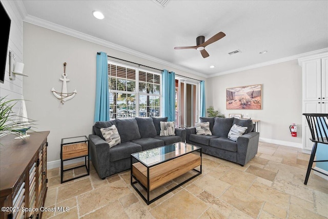 living room with crown molding and ceiling fan