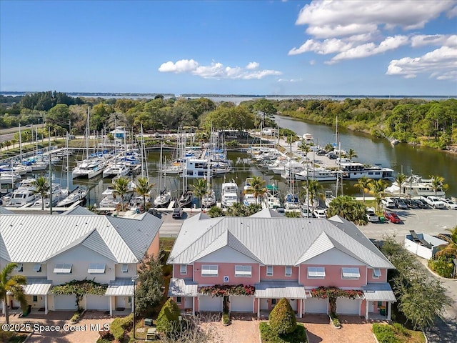 drone / aerial view featuring a water view