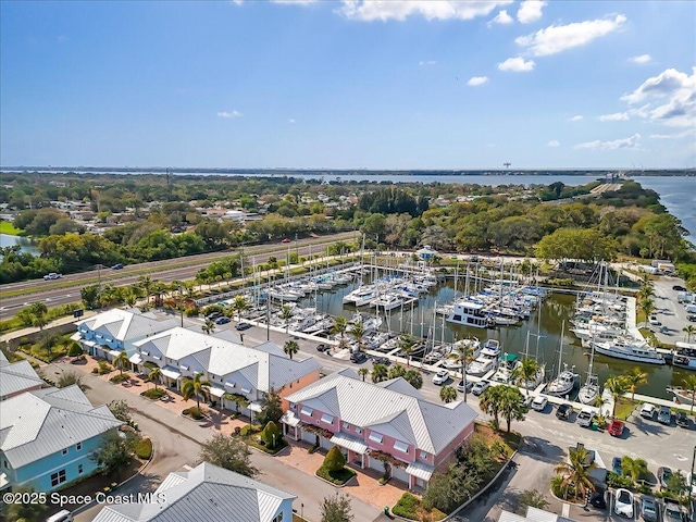 drone / aerial view featuring a water view