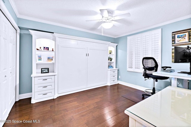 office featuring ceiling fan, a textured ceiling, dark wood-style flooring, baseboards, and crown molding