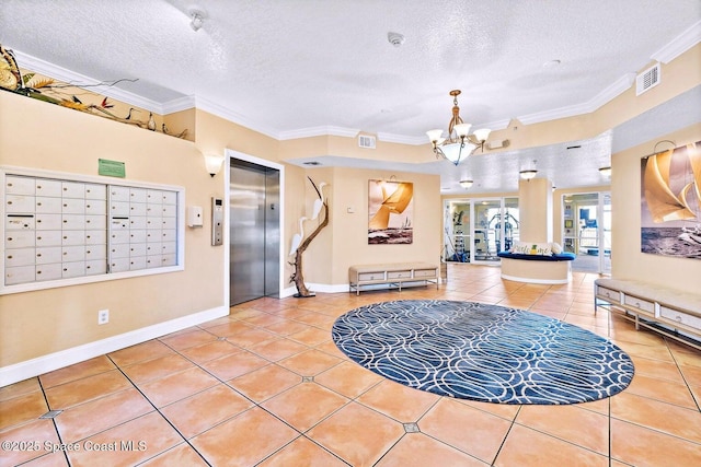 interior space with tile patterned flooring, ornamental molding, a mail area, and elevator