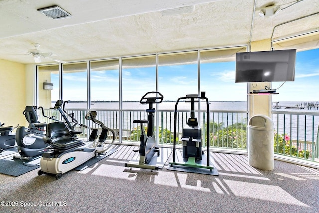 exercise room with a healthy amount of sunlight, ceiling fan, floor to ceiling windows, and visible vents