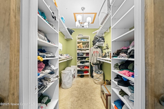 spacious closet featuring carpet flooring and a notable chandelier