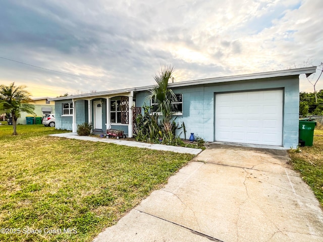 ranch-style house with a garage and a front yard