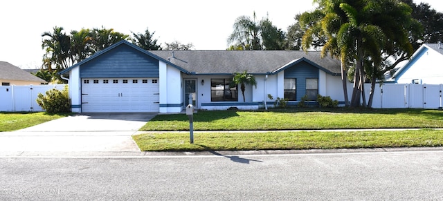 single story home with a garage and a front yard