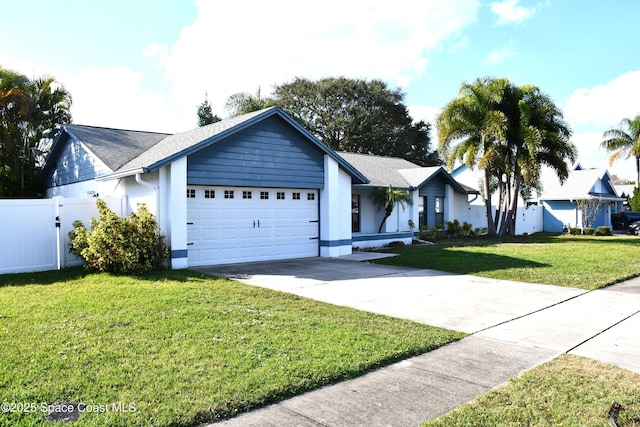 ranch-style home with a garage and a front lawn