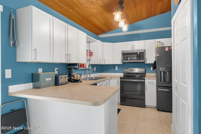 kitchen with stainless steel appliances, sink, white cabinets, and kitchen peninsula