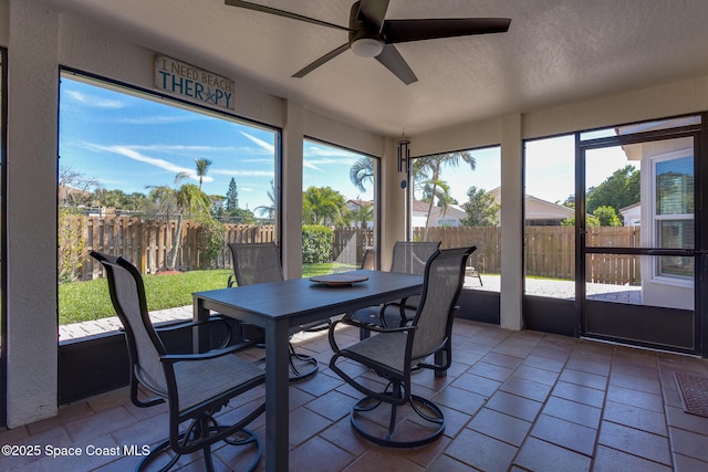 sunroom featuring ceiling fan