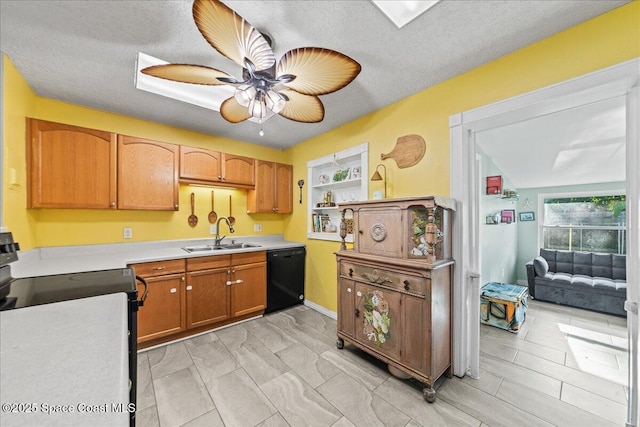 kitchen featuring dishwasher, sink, electric range oven, and a textured ceiling