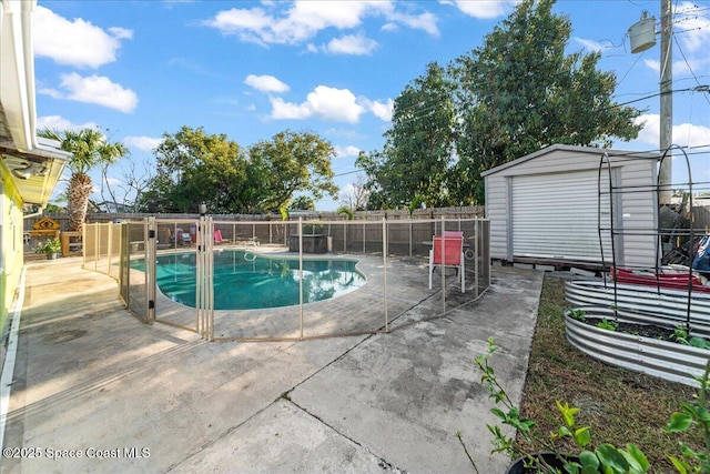 view of swimming pool with a patio and a storage unit