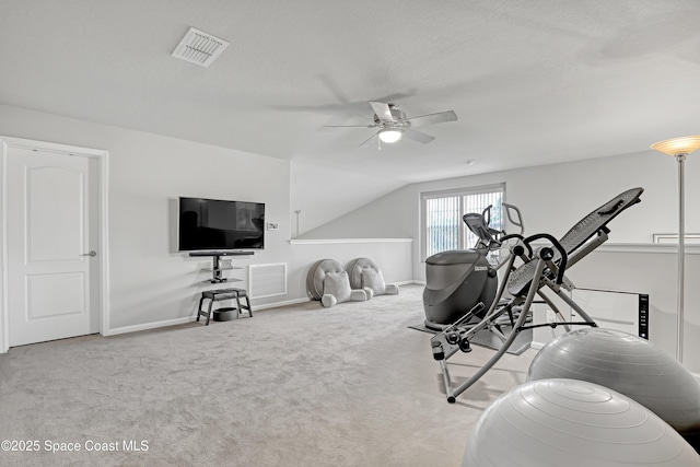 workout room featuring visible vents, baseboards, carpet, and a ceiling fan