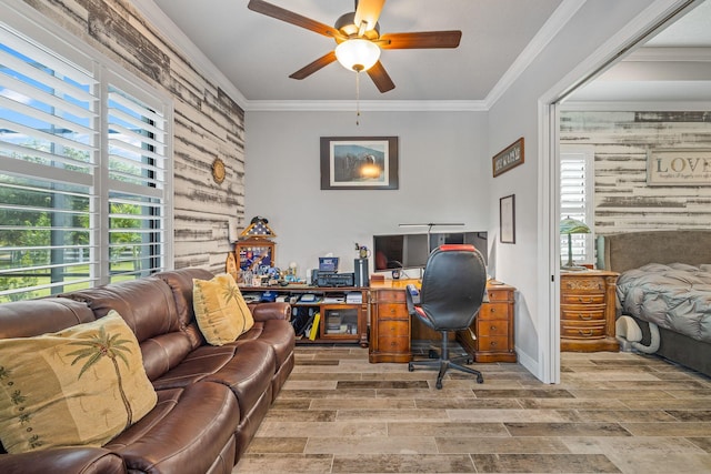 office space with hardwood / wood-style floors, ornamental molding, and ceiling fan