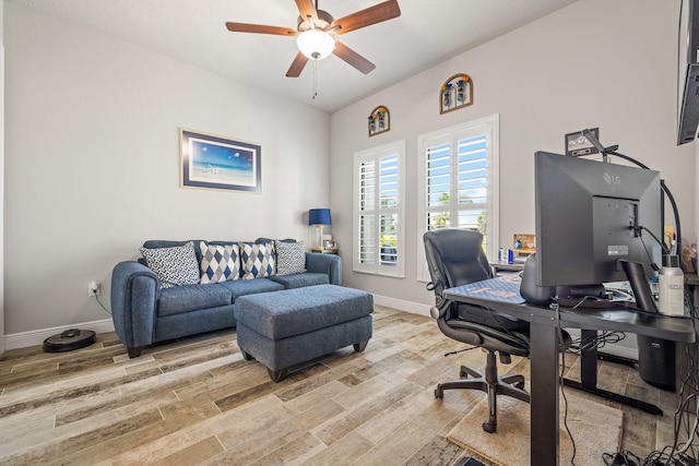 home office featuring ceiling fan and light wood-type flooring