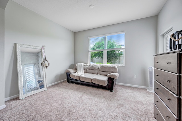 sitting room featuring light colored carpet