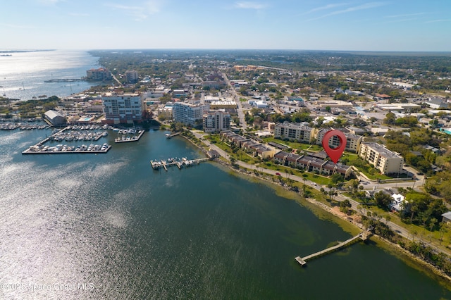 drone / aerial view with a water view