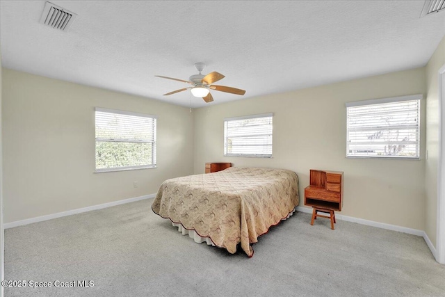 bedroom with light colored carpet, multiple windows, and a textured ceiling