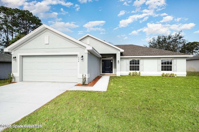 ranch-style house with a garage and a front yard