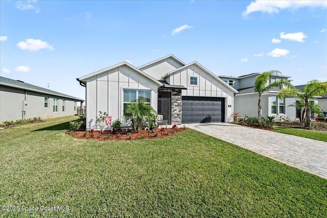 modern farmhouse style home with a garage and a front yard