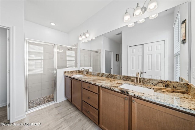 bathroom featuring wood-type flooring, a shower with shower door, and vanity