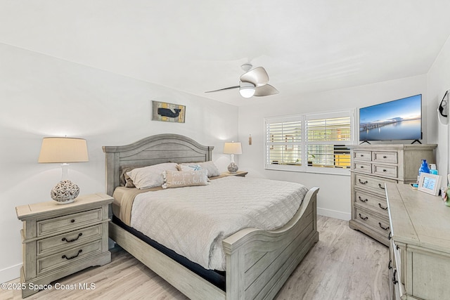 bedroom featuring ceiling fan and light wood-type flooring