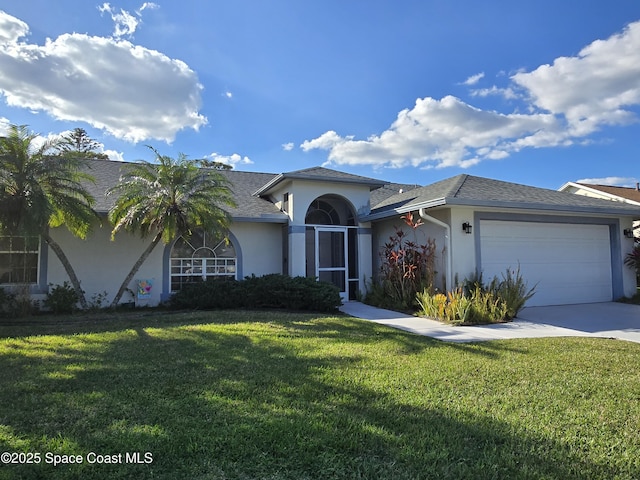 single story home with a garage and a front yard