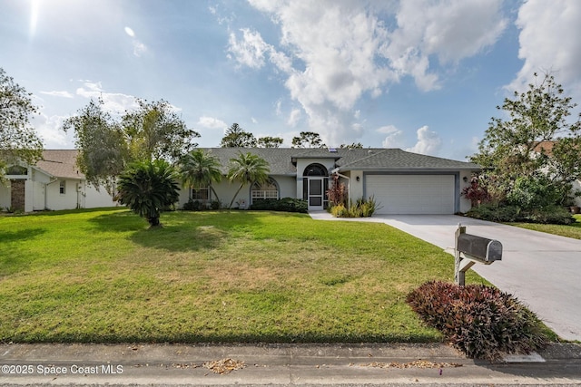 ranch-style house with a garage and a front yard