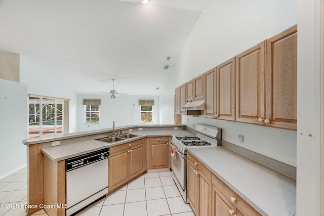 kitchen featuring vaulted ceiling, sink, white appliances, and kitchen peninsula