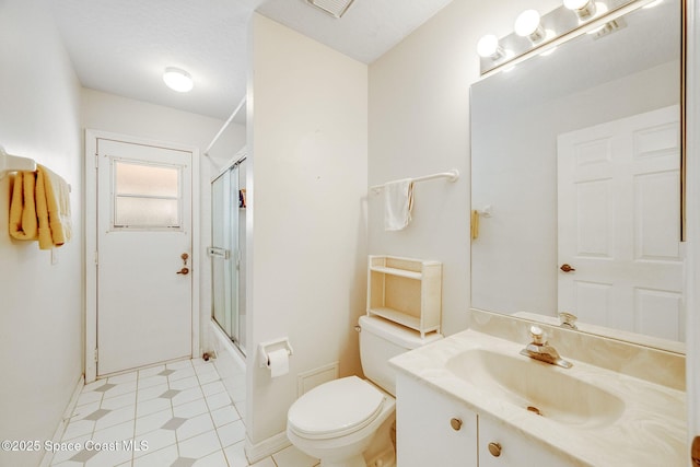 full bathroom with toilet, tile patterned floors, vanity, and shower / bath combination with glass door