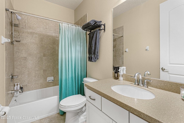 full bathroom with vanity, a textured ceiling, shower / bath combination with curtain, and toilet