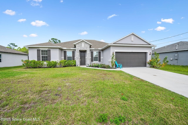 single story home featuring a garage and a front yard