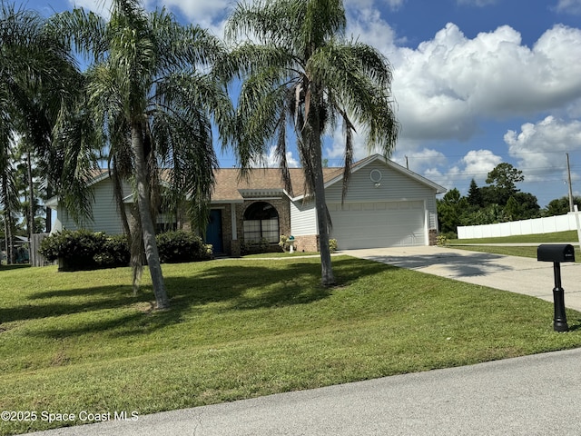 single story home featuring a garage and a front yard