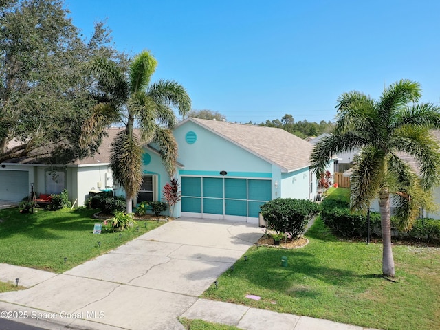 ranch-style home with an attached garage, driveway, a front lawn, and stucco siding