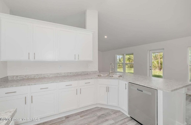 kitchen with sink, white cabinetry, light hardwood / wood-style floors, stainless steel dishwasher, and kitchen peninsula