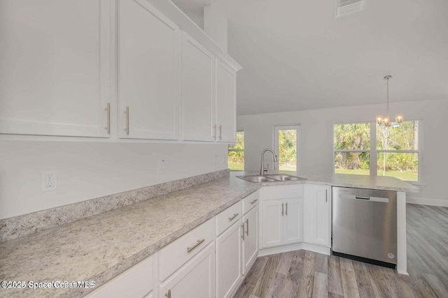 kitchen featuring visible vents, a peninsula, stainless steel dishwasher, white cabinetry, and a sink