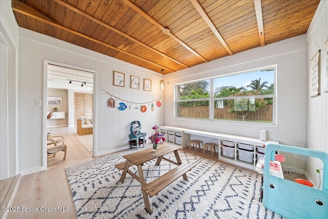 rec room with wooden ceiling and light wood-style floors