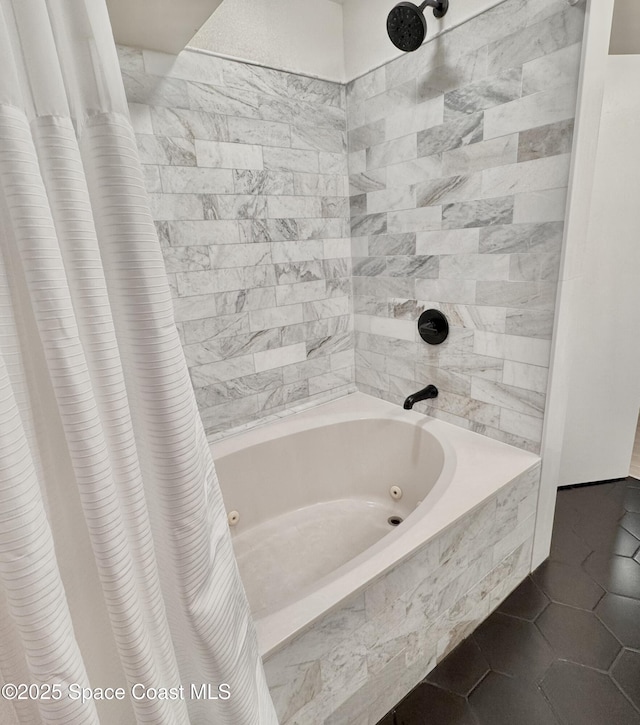 bathroom with a combined bath / shower with jetted tub and tile patterned flooring