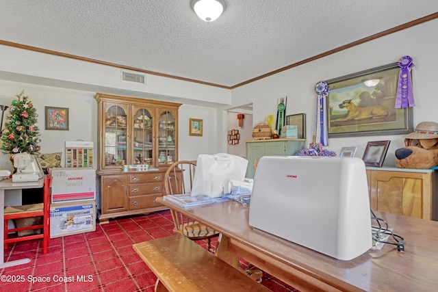 interior space with crown molding and a textured ceiling