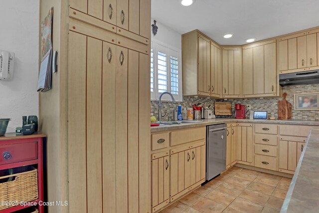 kitchen featuring tasteful backsplash, dishwasher, sink, and light brown cabinets