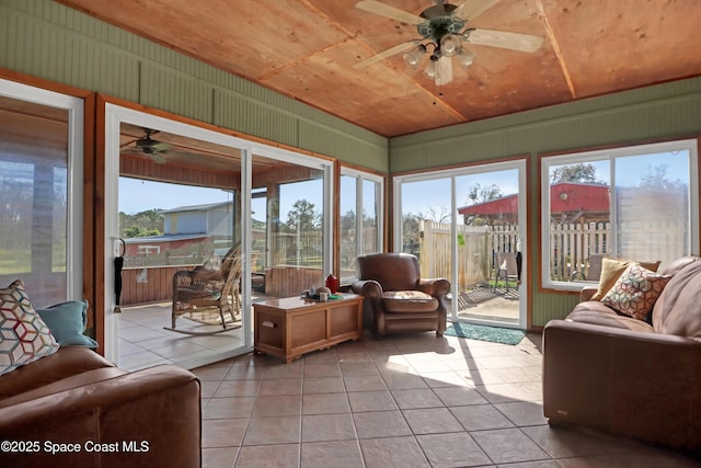 sunroom / solarium with ceiling fan and wood ceiling